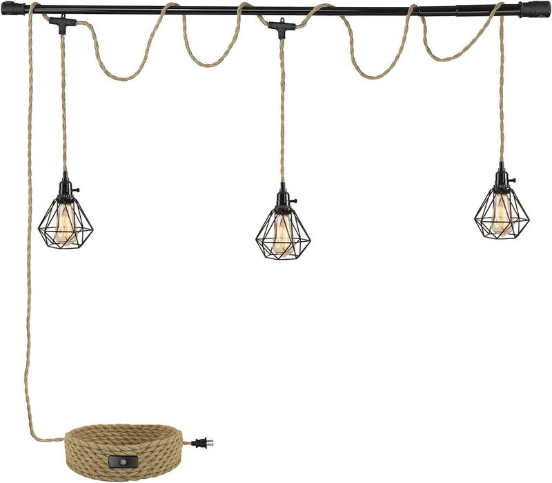 KENMI 3-Light Hanging Light with Plug in Cord,Plug in Pendant Light 22ft Hemp Rope Pendant Lighting Vintage 3-Light Hanging Lamp Fixtures for Kitchen Island Living Room Bedroom - Image 1